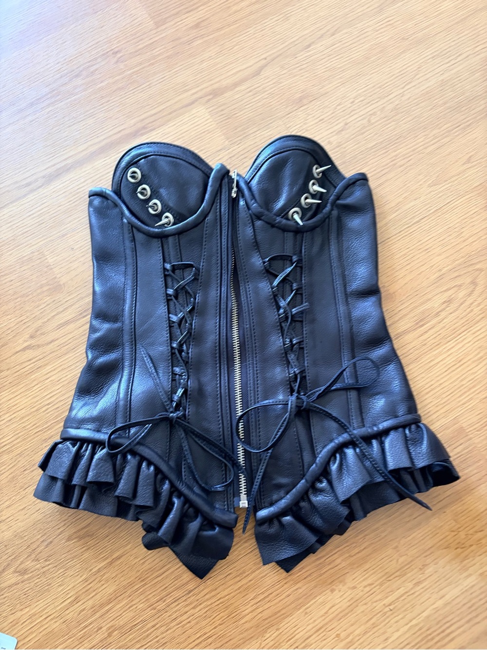 Ginzi black genuine leather spiked ruffled laced corset
